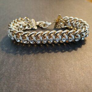 GUESS Rhinestones & Woven Cord Bracelet Double Chain Gold Tone White Enamel G